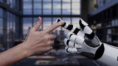 İnsan eliyle robot el arasındaki etkileşimi tasvir eden, modern ofis ortamındaki bulut depolama kavramlarını gösteren fütüristik bir sahne. Auvana