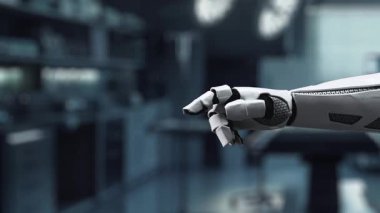 İnsan anatomisini gösteren ve bulanık laboratuvar geçmişine sahip robot el işaretlerini kapat. Robot el, tıbbi verileri teşhis semptomlarına bağlamak için x ray gösterge paneline tıklıyor. Sağlıklı..