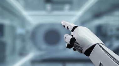 Bulanık laboratuvar geçmişi olan kalp hologramını gösteren robot eli kapat ve tıkırdat. Robot el kalp ikonuna tıklayarak semptomları analiz ediyor. Tıbbi teknoloji. Sağlıklı..