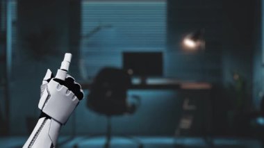 Bir robot el, teknolojinin iş ortamlarına entegrasyonunu gösteren çeşitli analitik ve büyüme ölçümlerini gösteren şeffaf dijital bir gösterge paneline bağlanır. Auvana