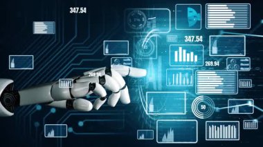 Robotik bir el, bir dizi dijital veri gösterimi ve grafikle, gelişmiş teknolojiyi, otomasyonu ve yapay zeka uygulamalarının geleceğini somutlaştırır. Xenic