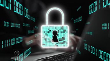 Veri grafikleri üzerinde bir kilit sembolü bulunan dijital güvenliğin görsel tasviri. Bu dijital çağda siber güvenlik ve korunma gibi önemli kavramları temsil eder. Xenic