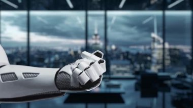 Fütürist bir robot el, yenilikçi teknoloji ve otomasyonu sembolize eden parlak modern bir ofiste veri aktarım simgeleriyle dijital bulut depolama kavramını sergiler. Auvana