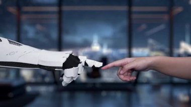 Bir robot ve insan eli, modern dijital ortamda veri transferini ve depolamayı temsil eden ve teknoloji entegrasyonunu gösteren bir bulut sembolüne doğru uzanır. Auvana