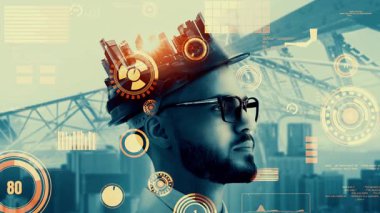 Gelecekteki bina inşaatı ve HUD hologram grafik tasarımı ile yaratıcı mühendislik projesi konsepti. İnşaat mühendisi, mimar ya da inşaat işçisi modern sivil teknoloji ile çalışıyor..