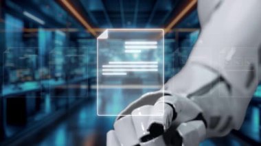 Fütürist bir robot el, modern bir çalışma alanında teknoloji ve yeniliğin birleşmesini somutlaştıran şeffaf dijital arayüzleri sergiliyor. Auvana