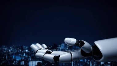 Gelecekçi robot yapay zeka yapay zeka yapay zekayı aydınlatıyor ve makine öğrenme kavramını geliştiriyor. İnsan hayatının geleceği için küresel robot zinciri bilimi araştırması. 3B görüntüleme grafiği.