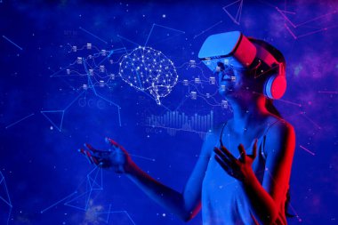 Yapay zeka ve kullanıcı deneyiminin kesişiminin resmedildiği sanal bir gerçeklik ortamında üretken yapay zeka ve veri yönetiminin canlı bir temsili. XDMCP