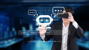 Bir iş adamı, yapay zeka ve doğal dil işleme teknolojilerindeki gelişmeleri vurgulayan yüksek teknolojili bir ortamda sanal bir sohbet robotuyla etkileşime girer. XDMCP