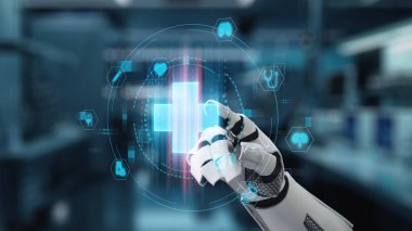 Robotik el işaretini kapat ve bulanık laboratuvar geçmişine sahip çapraz holograma dokun. Tıbbi verilere erişmek ve onları teşhis etmek için robot el tıklaması. Sağlıklı..