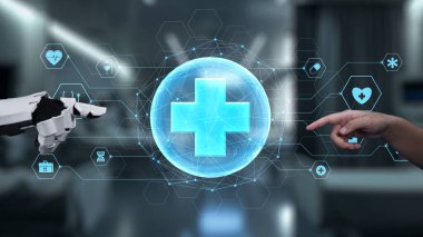 Robot ve insan elini uzatıyor ve yüzen tıbbi haç ikonu ile parmağıyla işaret ediyor. Laboratuvar geçmişini işaret ederken robot eller ve insanların birlikte çalışması yakın plan. Sağlıklı..