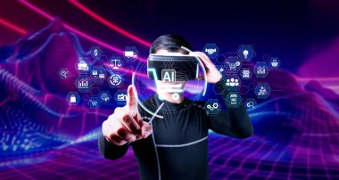 Çevrimiçi pazarlama ve alışverişe yardım eden bir yapay zeka asistanının hızlı mühendislik ve NLP teknolojisinin entegrasyonunu vurguladığı yüksek teknolojili sanal gerçeklik sahnesi. XDMCP