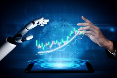 İnsan eliyle robot el arasındaki etkileşimi gösteren çarpıcı bir görüntü tablet ekrandaki dijital bir finansal grafiğe karşı ayarlanmış, finans alanındaki teknolojik gelişmeyi sembolize ediyor. Etki