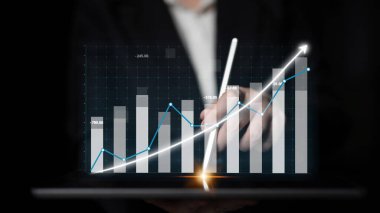 Bir işletme profesyoneli, şirket stratejisi için veri odaklı karar verme mekanizmasını gösteren bir dizüstü bilgisayarda gösterilen grafikler ve grafikler yoluyla finansal büyüme eğilimlerini araştırmaktadır. Etki