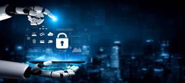 Güvenli dijital ortamlar için gelişmiş siber güvenlik, kimlik doğrulama ve veri koruma analizlerini gösteren yapay zeka güçlü kilit sistemi