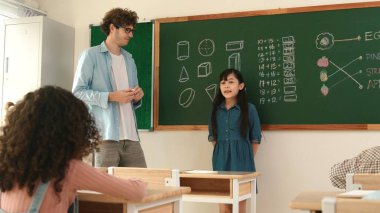 Öğrenciye bakan beyaz bir öğretmen kendini karatahtaya tanıtıyor. Çeşitli öğrenciler karatahtaya bakarken sınıfın önünde duran çekici kız. Eğitim konsepti. Pedagoji.