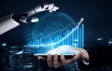 Gelişmiş bir yapay zeka robot kolu dijital bir küre ile etkileşime girer ve akıllı telefondan finansal büyüme görselleştirmesi teknoloji ve finans alanındaki yenilikleri sembolize eder. Etki
