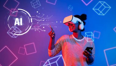 Neşeli bir kadın yapay zeka teknolojisini canlı geometrik şekillerle çevrili sanal gerçeklik kulaklığı kullanarak keşfediyor, yaratıcılık ve yeniliğin dijital dünyasına daldırıyor. XDMCP