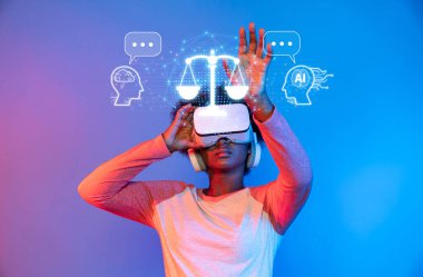 Sanal gerçeklik teknolojisiyle uğraşan bir kişi, hukuk ve etik alanındaki yapay zekanın geleceğini, yönetim, uyum ve dijital sorumlulukları keşfetmeyi sembolize eder. XDMCP