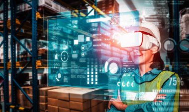 Yenilikçi VR depo yönetimi için gelecekteki sanal gerçeklik teknolojisi. Sanayi devrimi ve otomatikleştirilmiş lojistik denetim için akıllı teknoloji kavramı .