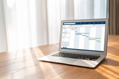 Ekip projesinin zaman çizelgesini gösteren bilgisayar ekranında, modern iş projesi yönetimi için proje planlama yazılımı
