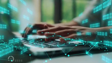 Modern ofis ortamında dizüstü bilgisayar klavyesinin üzerinde yüzen dijital grafik ve grafiklerle iş analizlerini ve veri görselleştirmesini gösteren kavramsal bir resim. Xenic