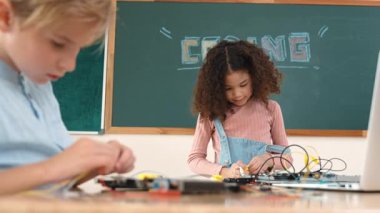 Kız tornavida kullanarak elektronik tahtayı tamir ederken ayakta duruyor. Amerikalı öğrenci ve beyaz çocuk elektrik sistemini denetlemek için birlikte çalışıyorlar. Gemide çalışan meraklı çocuklar. Pedagoji.