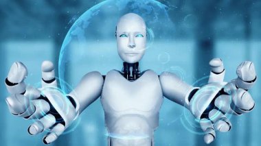 AI hominoid robot holding virtual hologram screen showing concept of big data analytic using artificial intelligence thinking by machine learning process. 3D rendering.