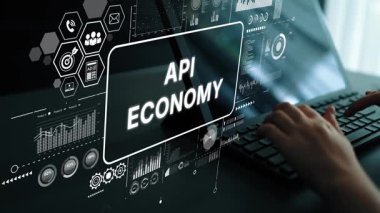 İş Teknolojisi Geliştirme Klavyesinde Dijital Veri Görselleştirme ve Eller Yazma ile API Ekonomi Konsepti. Asemptotik akıllı veri analitiği.