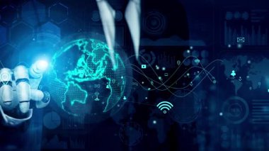 Bir iş adamı gelecekteki dijital dünya haritası ve veri görselleştirmeleri ile etkileşime girer, küresel bağlantı ve iş analizinde gelişmiş teknoloji gösterilir. Xenic