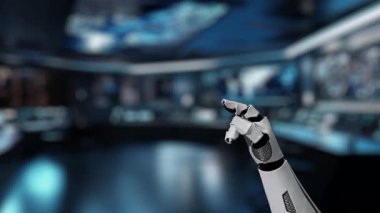 Robotik bir el, modern dijital çalışma alanı ortamında gelişmiş teknolojiyi ve yenilikçi etkileşimleri sembolize eden parlayan bir holografik kullanıcı ikonuna uzanıyor. Auvana