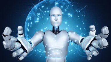 AI hominoid robot holding hologram screen shows concept of global communication network using artificial intelligence thinking by machine learning process. 3D rendering computer graphic.