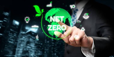 Sürdürülebilirlik simgeleriyle çevrili dijital küre, karbon emisyonlarını azaltma ve çevresel dengeyi sağlama amacını temsil etmektedir