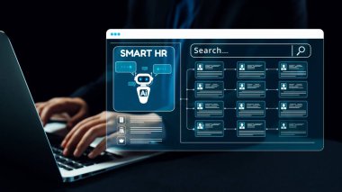 Bu ayrıntılı resim, dijital robot asistan ve gelişmiş veri yönetim araçlarının yer aldığı kusursuz bir kullanıcı deneyimi için tasarlanmış gelecekçi bir HR teknoloji arayüzü sergiliyor. Dörtgen