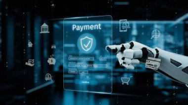 Fütürist bir robot el dijital ödeme arayüzü ile etkileşime geçerek, modern mali işlemlerde güvenlik ve teknolojinin önemini vurguluyor. Auvana