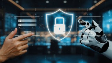 Bir insan eli ve dijital güvenlik arayüzüne bağlanan bir robot eli gösteren büyüleyici bir sahne. Görsel olarak korunma ve yenilik temaları vurgulanıyor. Auvana
