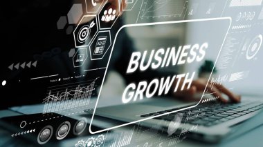 Kurumsal Başarı ve Geliştirme için Dijital Elementler, Grafikler ve Teknoloji Etkileşimi ile İş Büyüme Konsepti. Asemptotik akıllı veri analitiği.