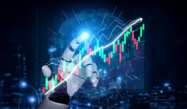 Fütürist bir robotik el, canlı borsa grafikleri ve dijital bir peyzaj içerisindeki finansal verilerle teknoloji ve yatırım büyümesini sembolize eder. Etki