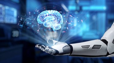 Beyin hologramı yüzerken bir avuç içi açık robot eli kapat. Robot el, teşhis koymak için tıbbi verilere erişip bağlantı kurarken beyin hologramını sunuyor. Sağlıklı..