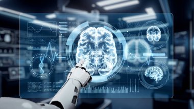 Tıbbi verilere ya da teşhis semptomlarına erişmek için robot ellerle beyin hologramına tıklayın. Yapay zeka semptomları analiz ederken beyin anatomisini kontrol eden robot el. Sağlıklı..