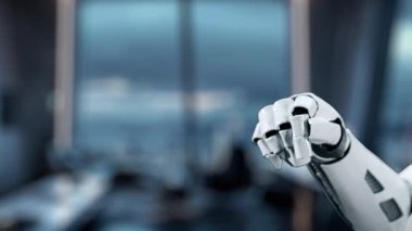 Robotik bir el, gelişmiş teknoloji ve insan etkileşiminin entegrasyonunu vurgulayan, gösterişli bir ofis ortamında holografik bir kullanıcı arayüzü ile bağlantı kurmak için uzanıyor. Auvana