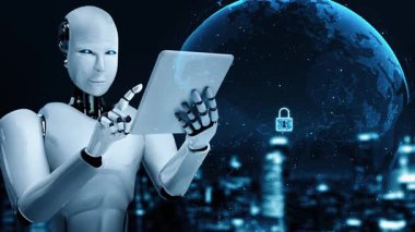 AI robot huminoid uses cloud computing technology to store data on online server . Futuristic concept of cloud information storage analyzed by machine learning process . 3D rendering .