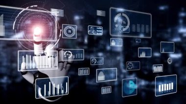 Gelecekçi bir el, teknoloji ve otomasyondaki yeniliği temsil eden canlı veri görselleştirmeleri ve istatistiklerle dolu bir dijital ekrana dokunuyor. Xenic