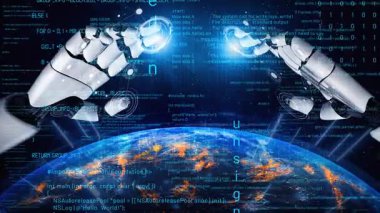 Dünya üzerinde dijital verilerle meşgul olan robot ellerin büyüleyici görüntüsü, kozmik bir ortamda teknoloji, yapay zeka ve yenilikçi tasarımın kesişimini temsil ediyor. Xenic