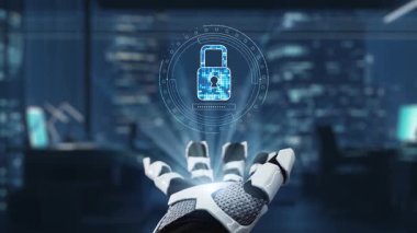 Fütürist bir robot el dijital güvenlik arayüzüne bağlanıyor, modern ofis ortamında şehir arkaplanı olan gelişmiş bir teknoloji sergiliyor. Auvana