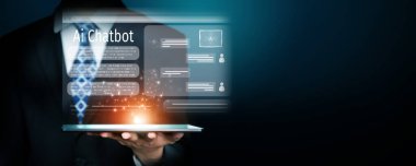 Yapay zeka sanal asistanı Chatbot ile yapay zeka konsepti ile insan etkileşimi, yapay zeka mühendisliği, LLM yapay zeka derin öğrenimi iş desteği için üretken yapay zeka kullanımı. FaaS