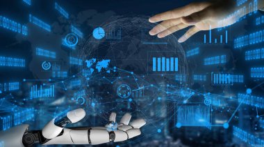 Bir insan elinin dijital veri görselleştirmeleri arasında robot bir ele uzandığını gösteren fütüristik bir sahne. Bu resim insanlar ve teknoloji arasındaki potansiyel işbirliğini simgeliyor. Xenic