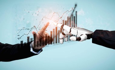 İnsan ve robot eller arasındaki işbirliğinin sembolik bir temsili, dijital grafiklerle finansal büyümenin gösterilmesi, iş dünyasındaki yeniliklerin vurgulanması. Etki