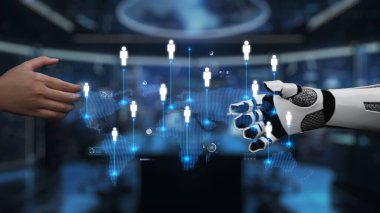 Bir insan eli robotik bir ele doğru uzanır, dijital bir ağ arkaplanına yaslanır, çeşitli endüstrilerde insanlar ve teknoloji arasındaki gelişen ilişkiyi sembolize eder. Auvana