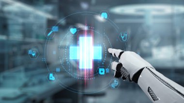 Robotik el işaretini kapat ve bulanık laboratuvar geçmişine sahip çapraz holograma dokun. Tıbbi verilere erişmek ve onları teşhis etmek için robot el tıklaması. Sağlıklı..